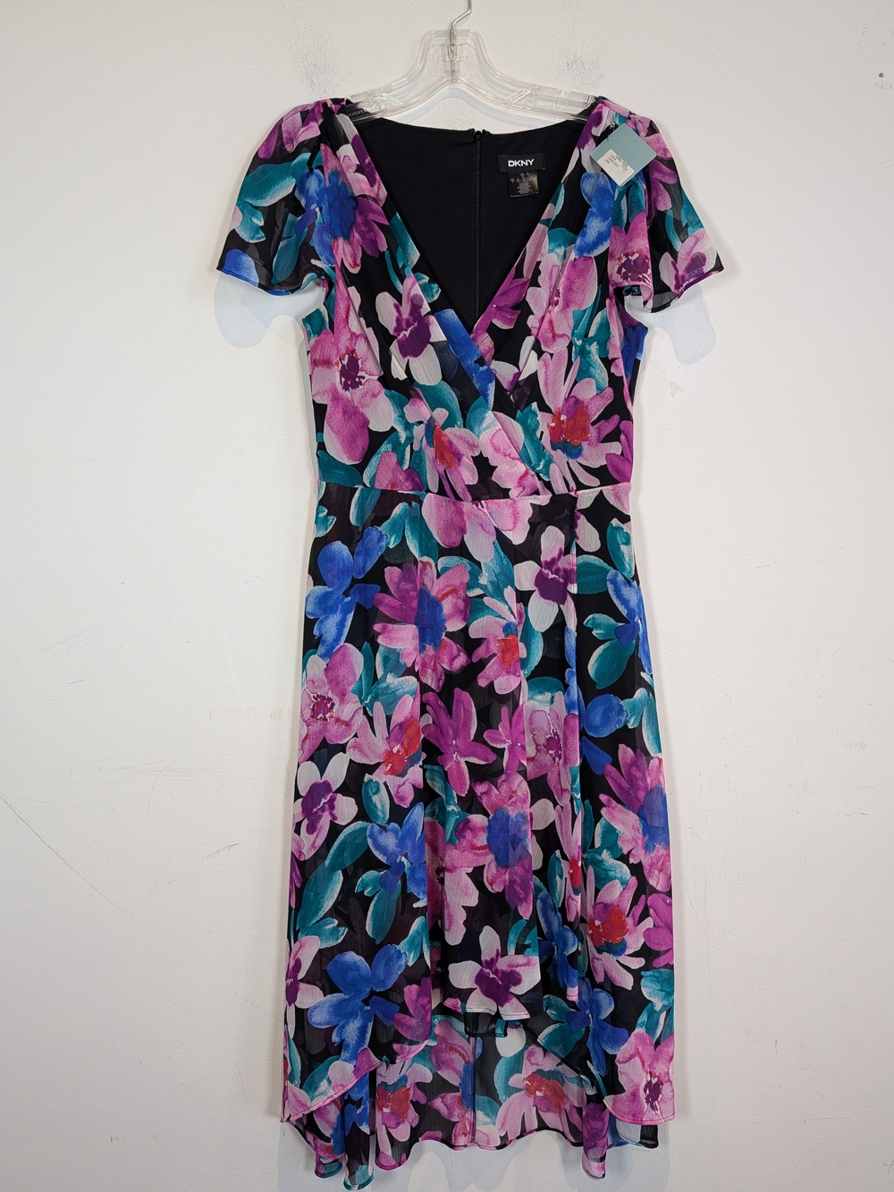 DKNY Floral Wrap Midi Dress in Black with Purple & Blue Flowers, Size 8